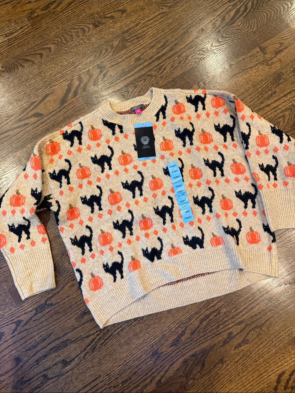 Vince Camuto Beige Sweater with Black Cats and Orange Pumpkins